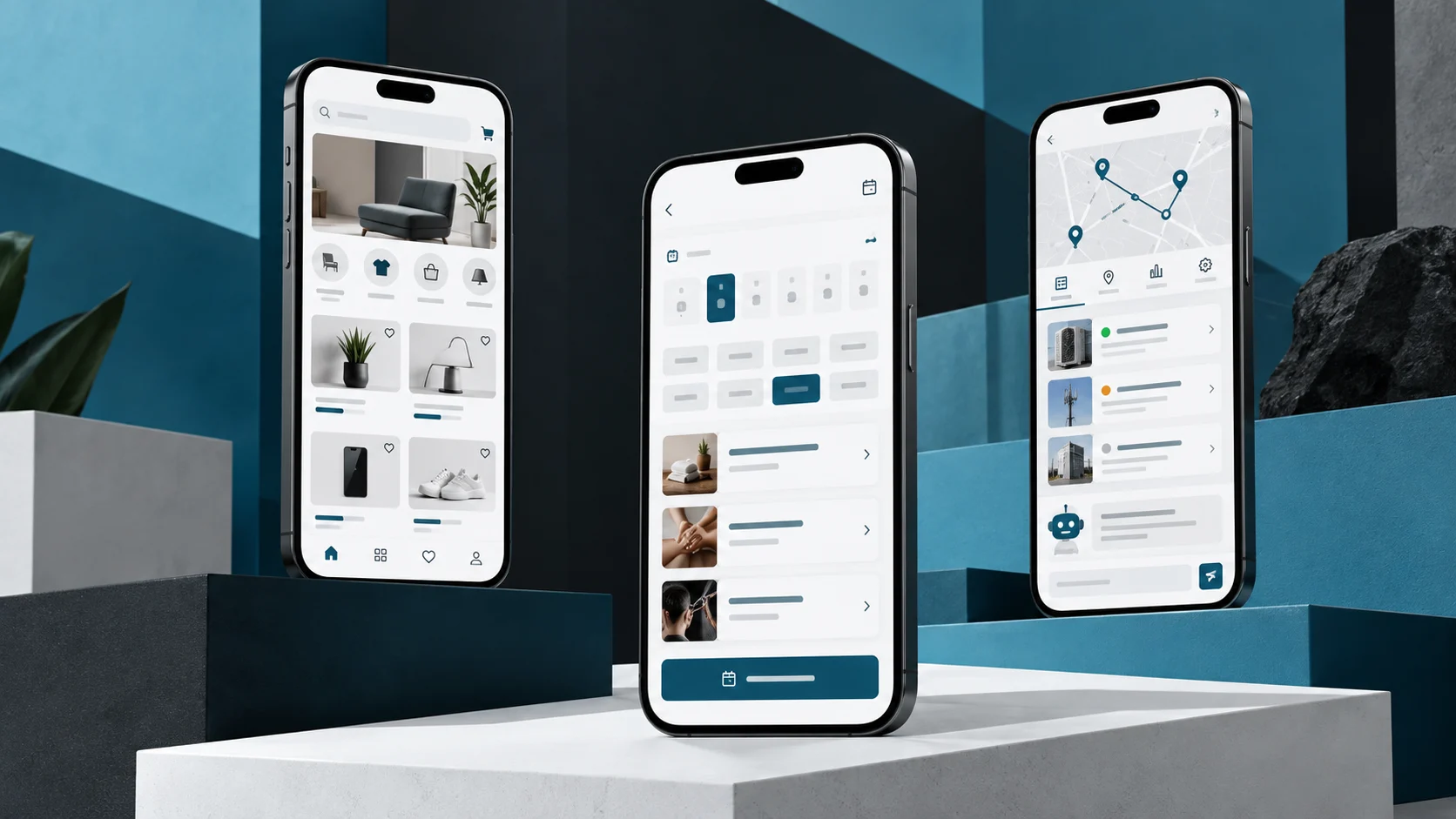 Three premium smartphones showing different consumer and enterprise mobile application types