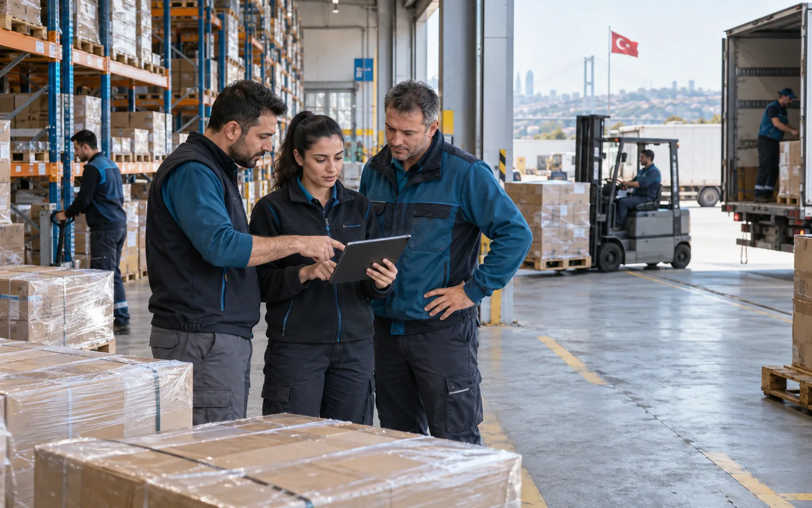 A team managing warehouse and shipment operations together on a tablet