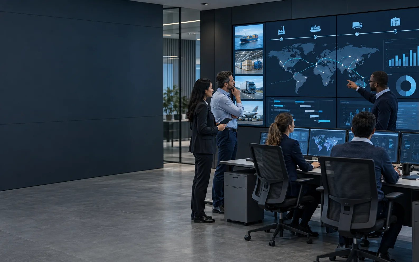 A professional team monitoring digital supply and operational flows on large screens