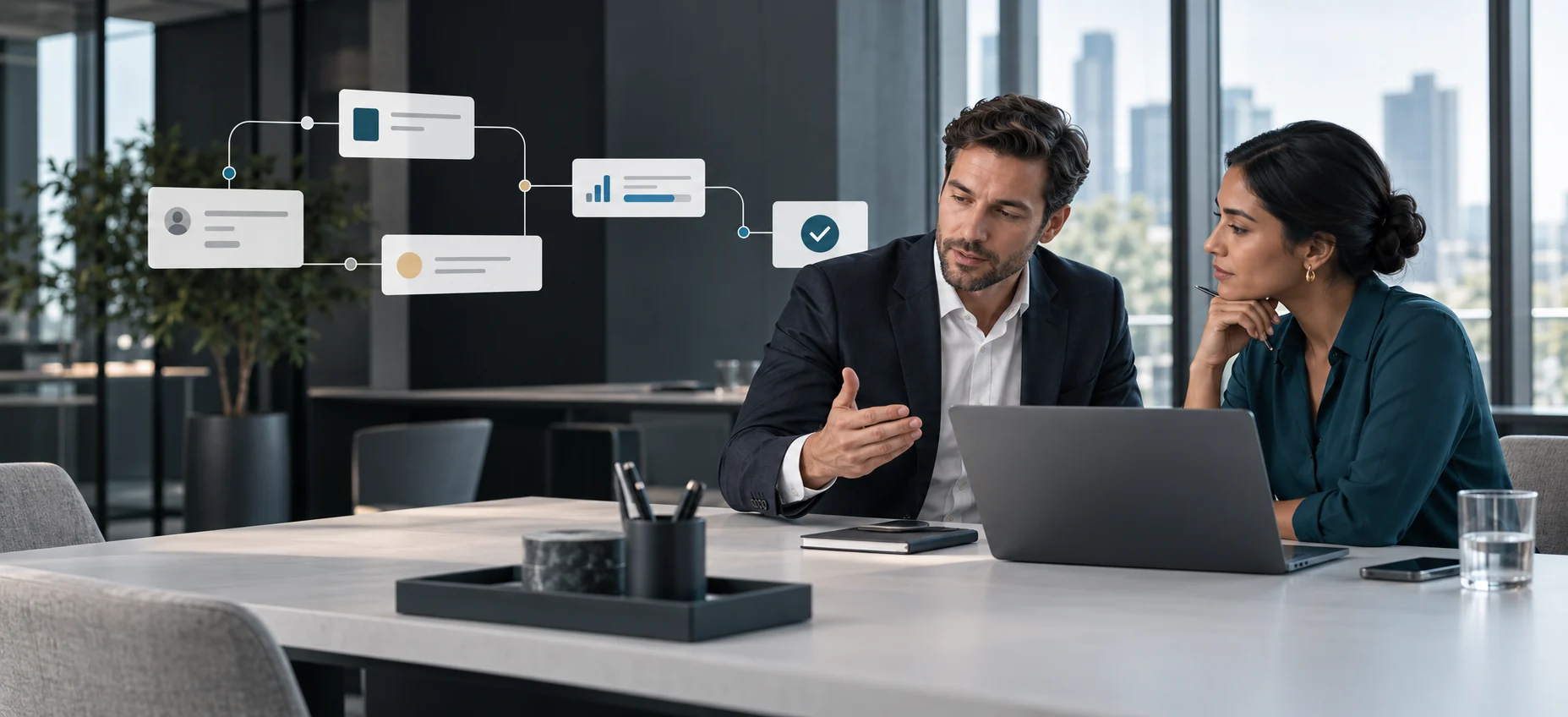 Consultant and client managing a structured service request together